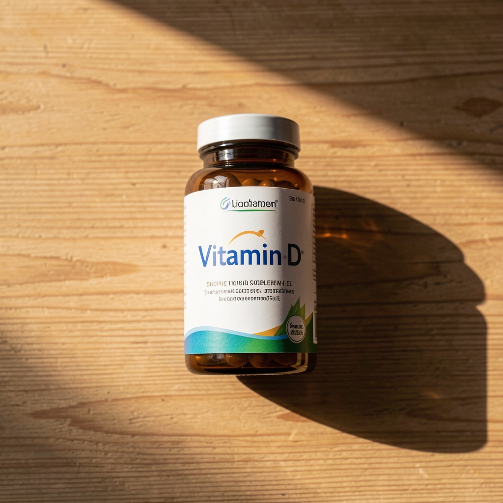 Vitamin D supplement container and morning sunlight on a wooden surface, minimal editorial flat lay composition