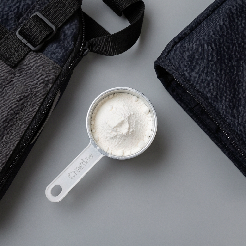 Creatine powder measuring scoop and gym bag on a clean grey surface, editorial overhead composition